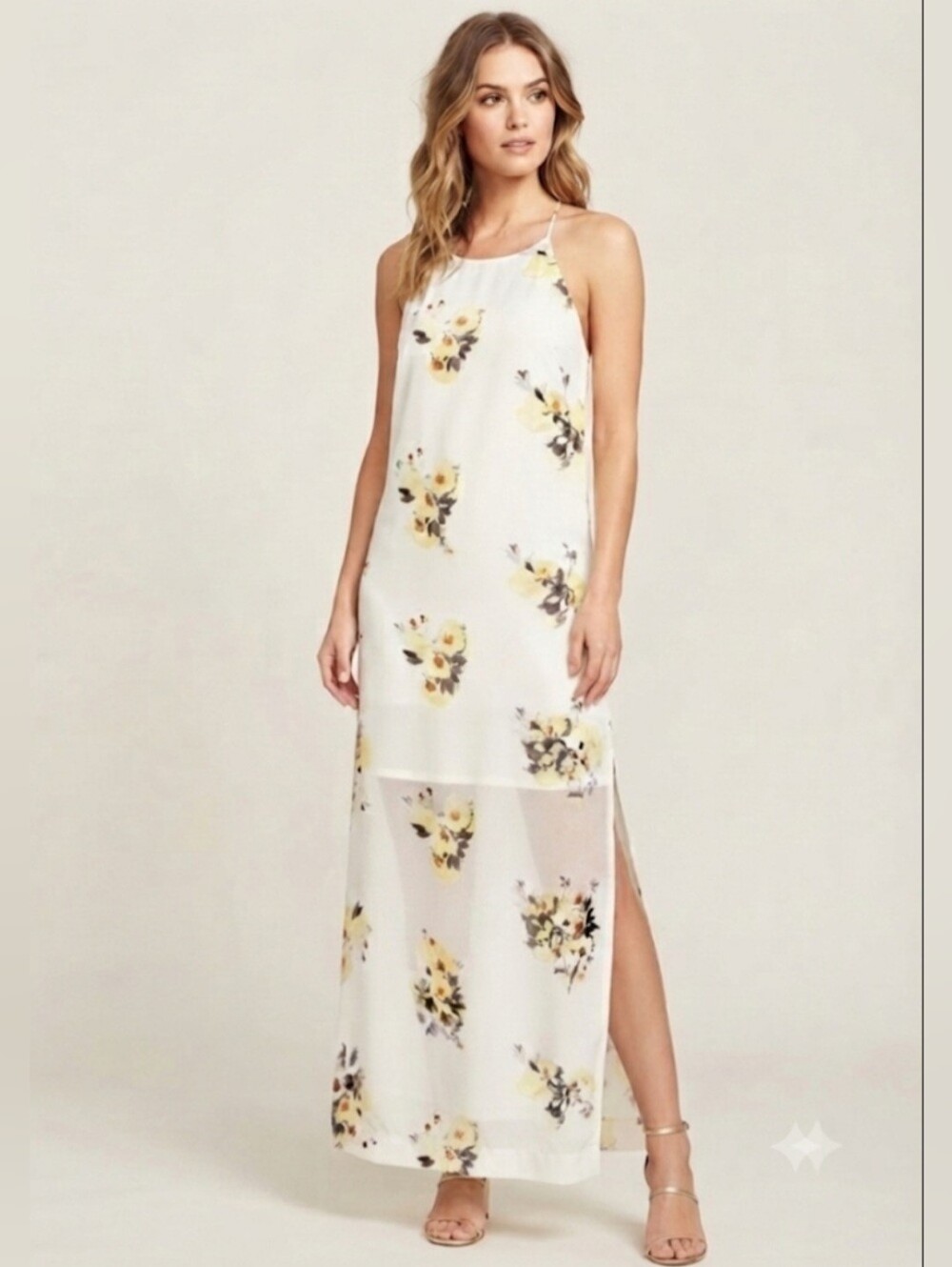 Gentle Fawn Lightweight Spaghetti-strap Maxi Summer Dress Sz S Floral on White